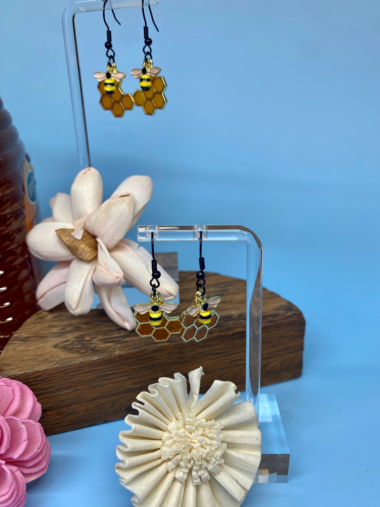 Bee Earrings, Handmade Honeycomb and Bee Fishhook Earrings, Nature-Inspired Jewelry, Unique Gift