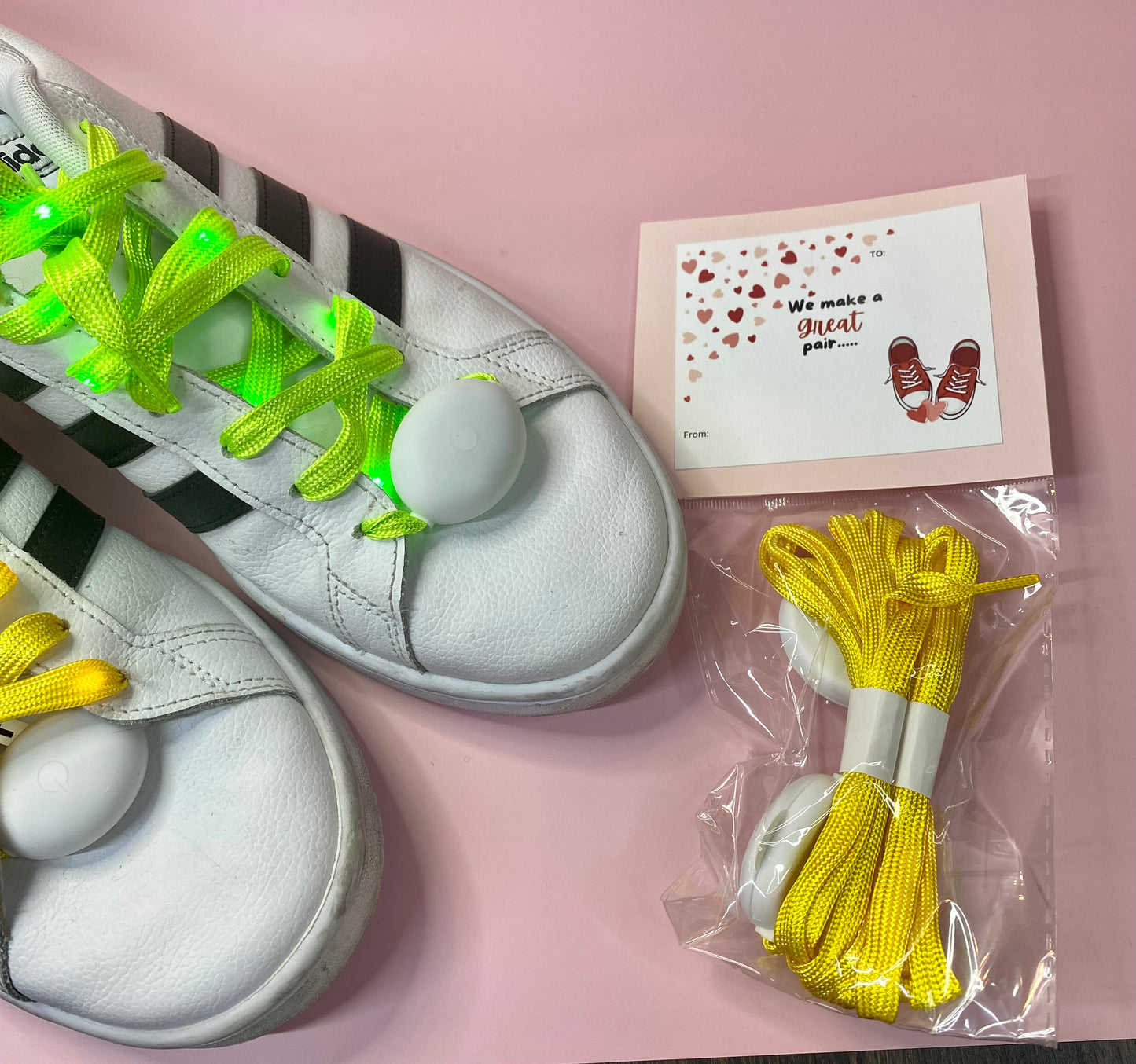 8 pack Light-Up Shoelace Valentine Party Favor, Handmade Valentine Card with LED Shoelace Favors