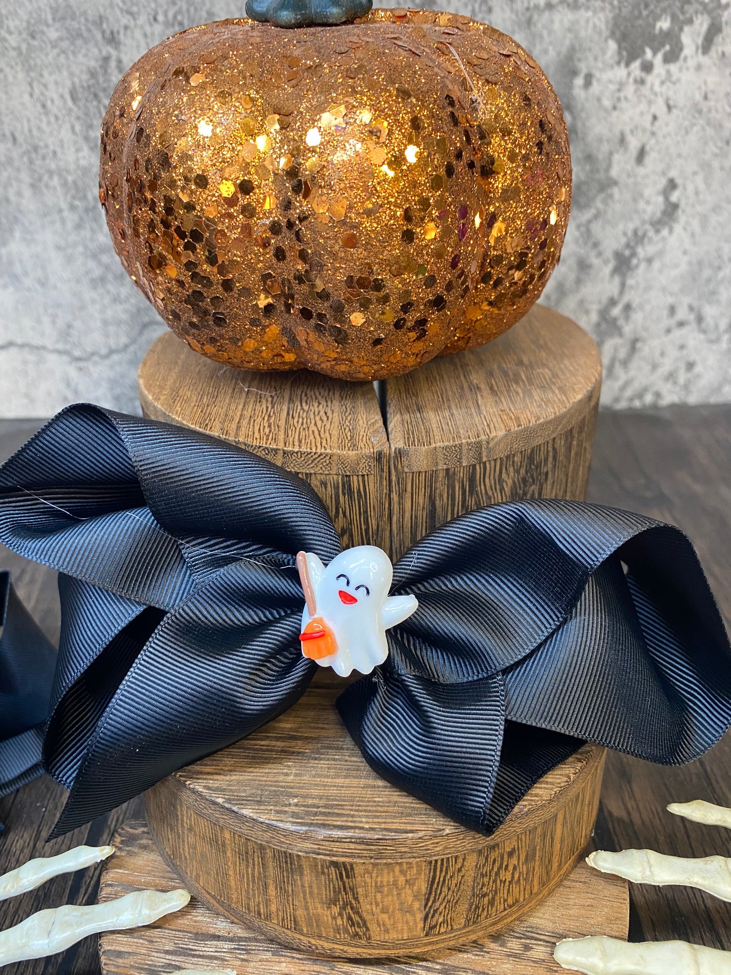 Custom Black Halloween Large Hair Bow with Halloween Charm Embellishment - 5” Hair Bow with 2.5” Clip - Spooky and Stylish Halloween Hairbow