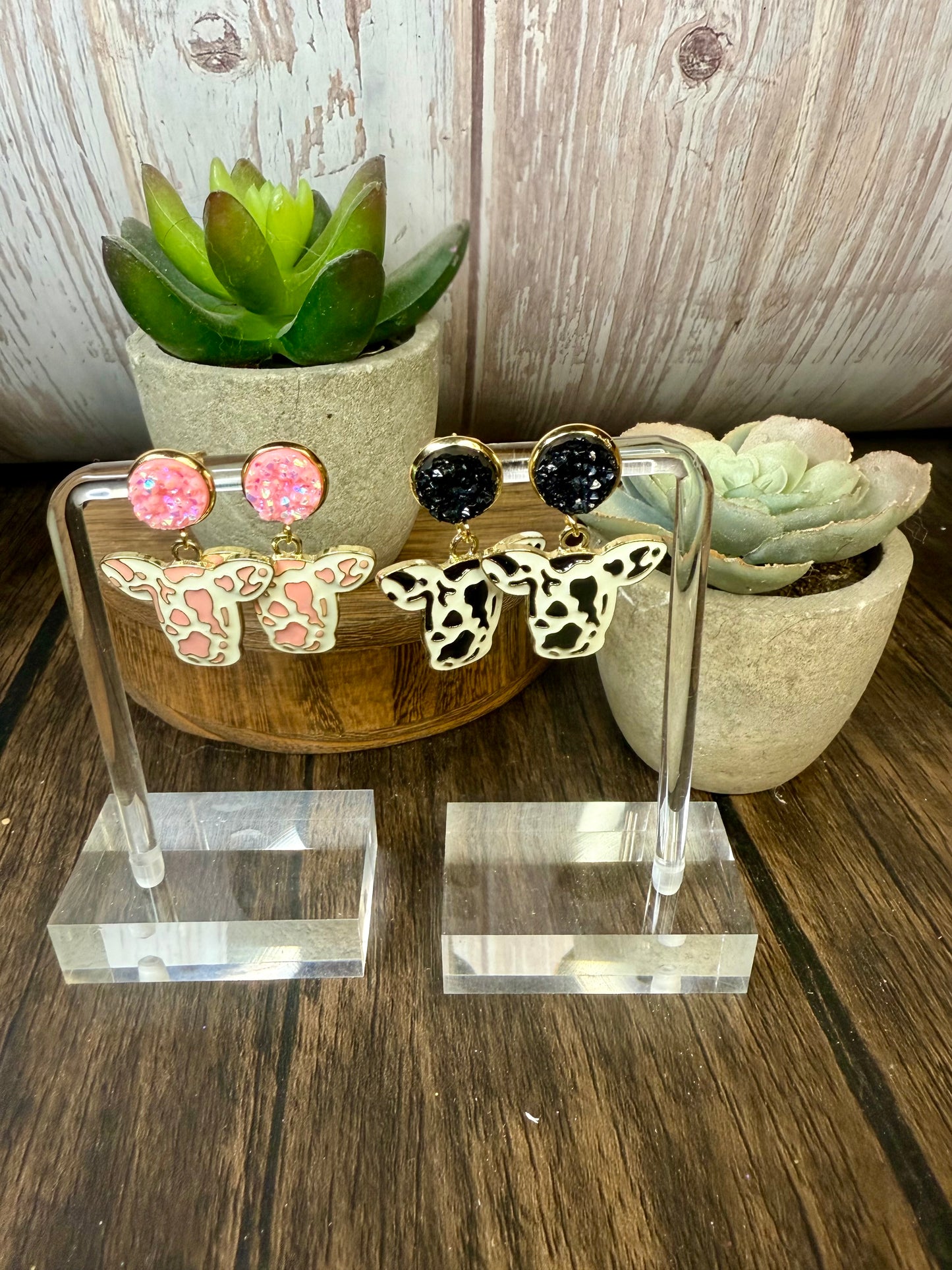 Druzy Cow Print Dangle Earrings | Western Jewelry | Pink or Black Sparkle Stud Earrings | Farm Animal Jewelry | Handmade Cowgirl Earrings
