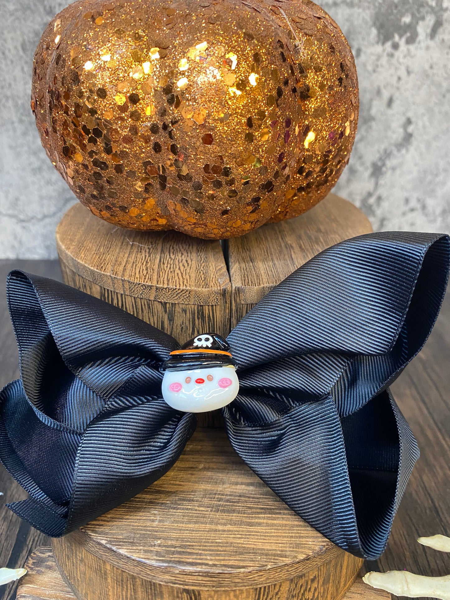 Custom Black Halloween Large Hair Bow with Halloween Charm Embellishment - 5” Hair Bow with 2.5” Clip - Spooky and Stylish Halloween Hairbow