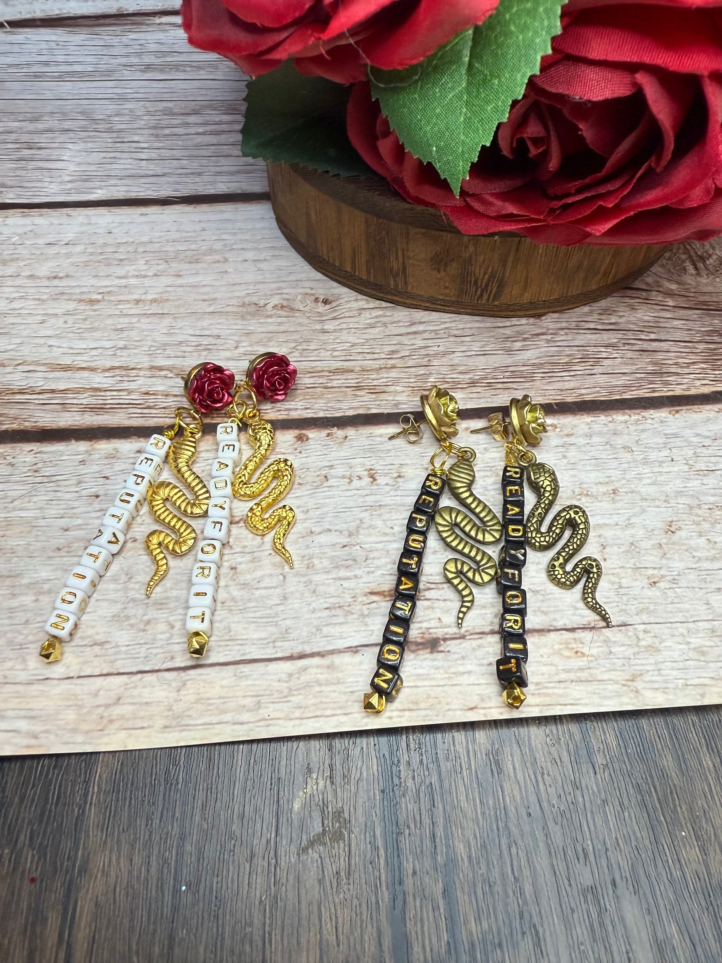 Reputation Inspired Rose Snake Earrings | Ready For It Friendship Beads | Swiftie Gift | Hypoallergenic Statement Dangle | Music Lover Jewelry