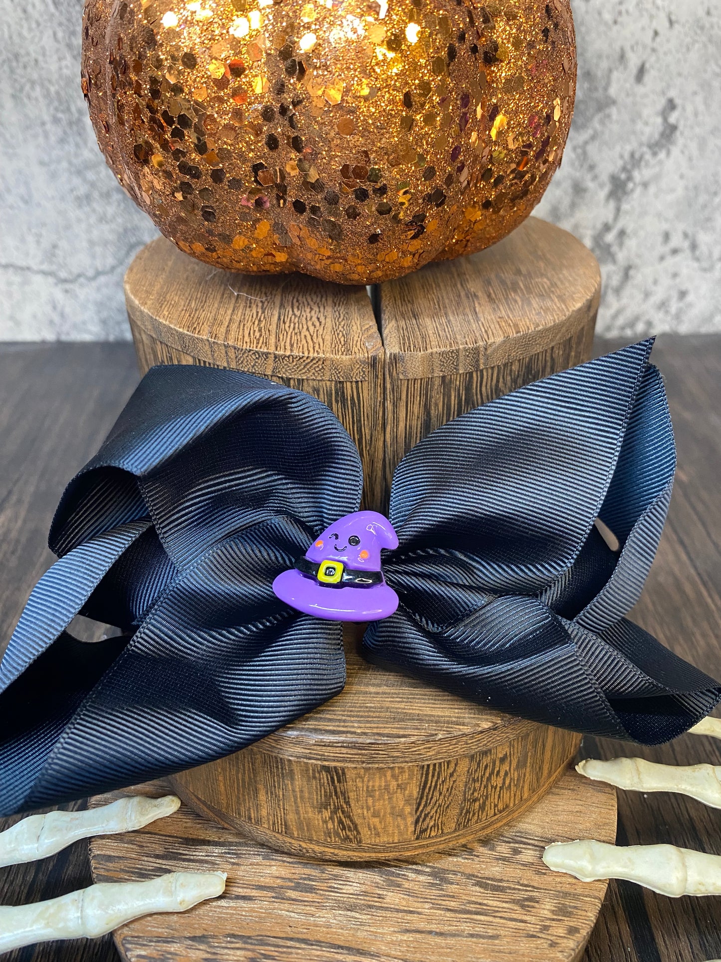 Custom Black Halloween Large Hair Bow with Halloween Charm Embellishment - 5” Hair Bow with 2.5” Clip - Spooky and Stylish Halloween Hairbow
