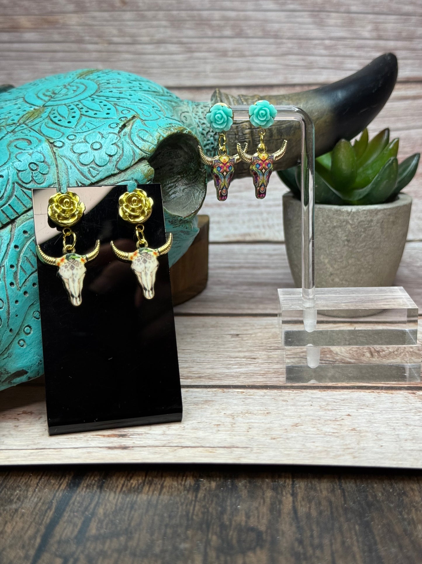 Boho Western Longhorn Skull Earrings with Resin Rose Studs - Floral Bull Head Dangle Earrings - Handmade Country Chic Statement Jewelry