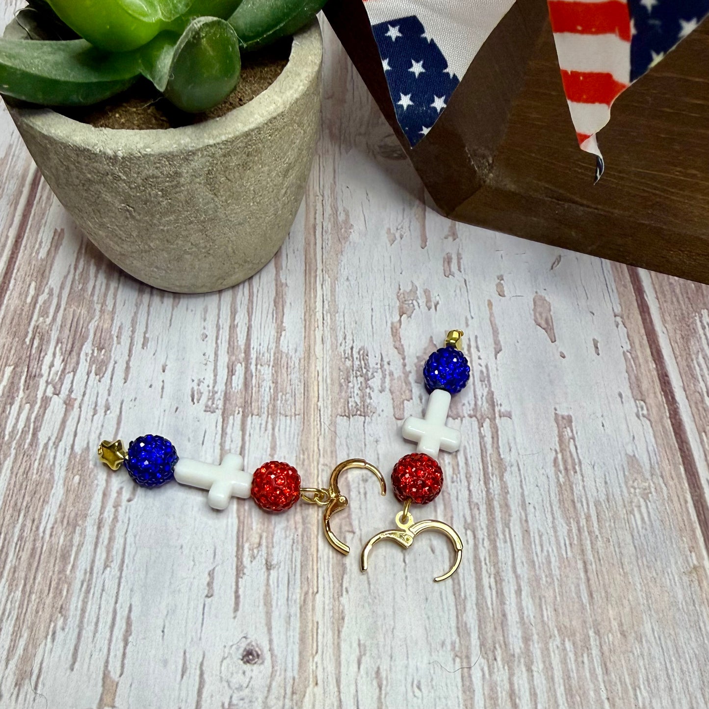 Patriotic Cross Earrings, Red White Blue Rhinestone Dangle Earrings, 4th of July Jewelry, Christian Gift, Memorial Day, Choose Your Hook Style