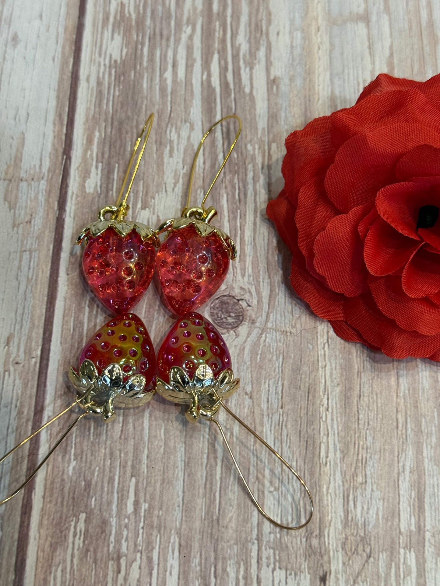 Iridescent Strawberry Earrings - Acrylic Fruit Earrings on French Hooks - Handmade Kawaii Jewelry, Summer Fruit Colorful Strawberry Earrings