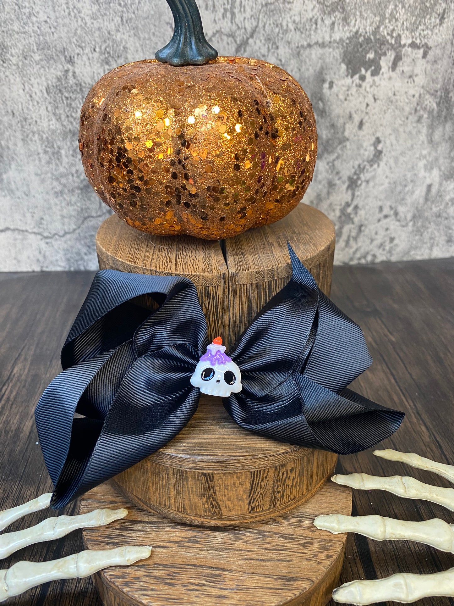 Custom Black Halloween Large Hair Bow with Halloween Charm Embellishment - 5” Hair Bow with 2.5” Clip - Spooky and Stylish Halloween Hairbow
