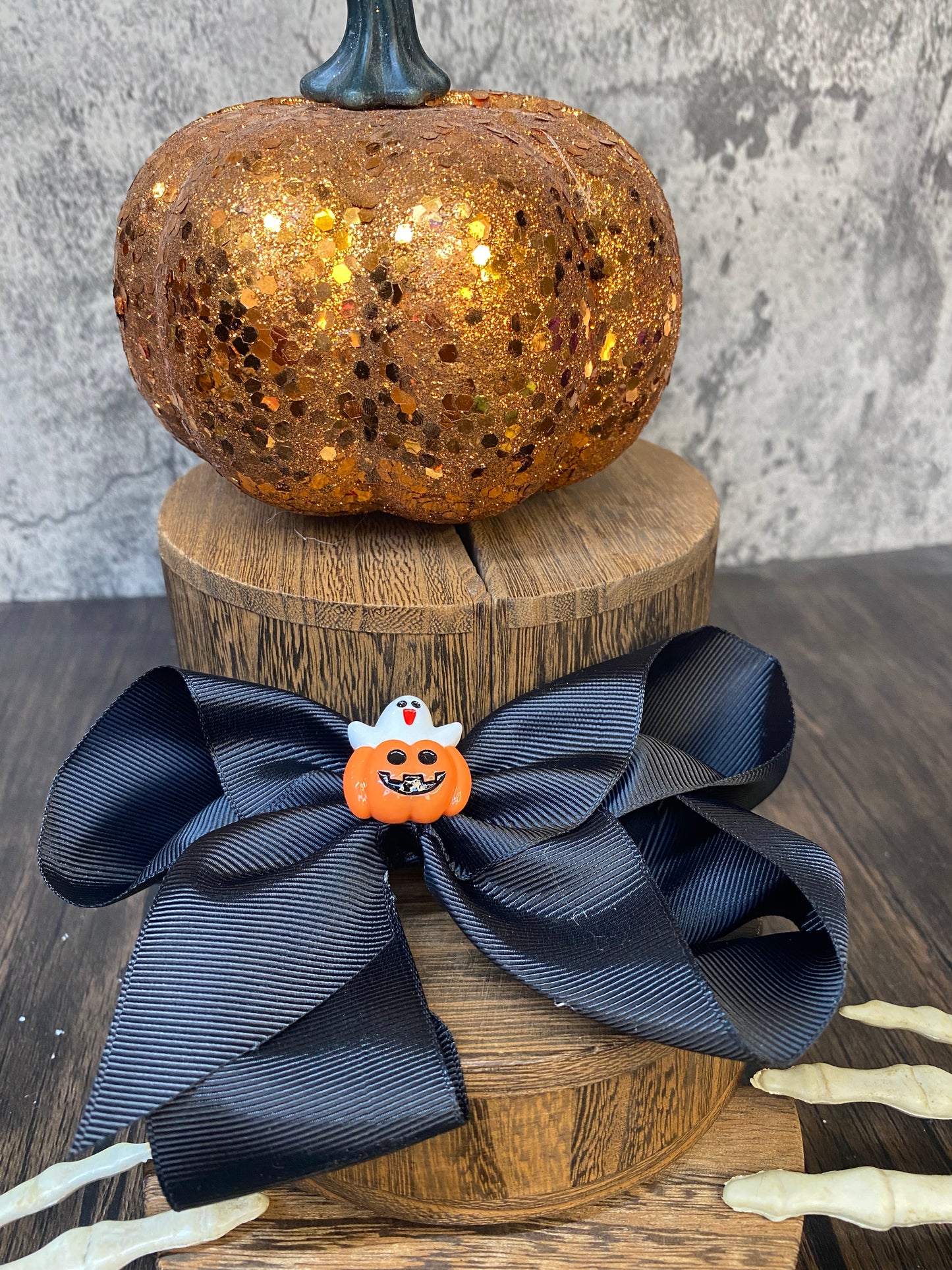 Custom Black Halloween Large Hair Bow with Halloween Charm Embellishment - 5” Hair Bow with 2.5” Clip - Spooky and Stylish Halloween Hairbow