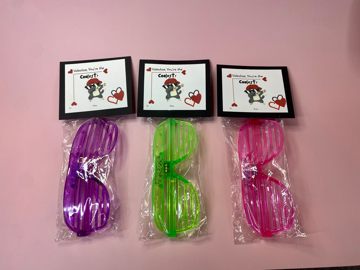 6 pack Light-Up Glasses Valentine Party Favors, Handmade Valentine Card with Favor