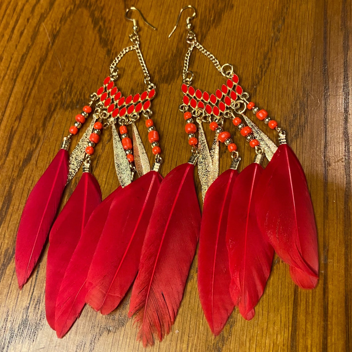 Boho Feather Earrings, Bright Colored Feather, Bead, and Gold Alloy Dangle Earrings- Several Colors