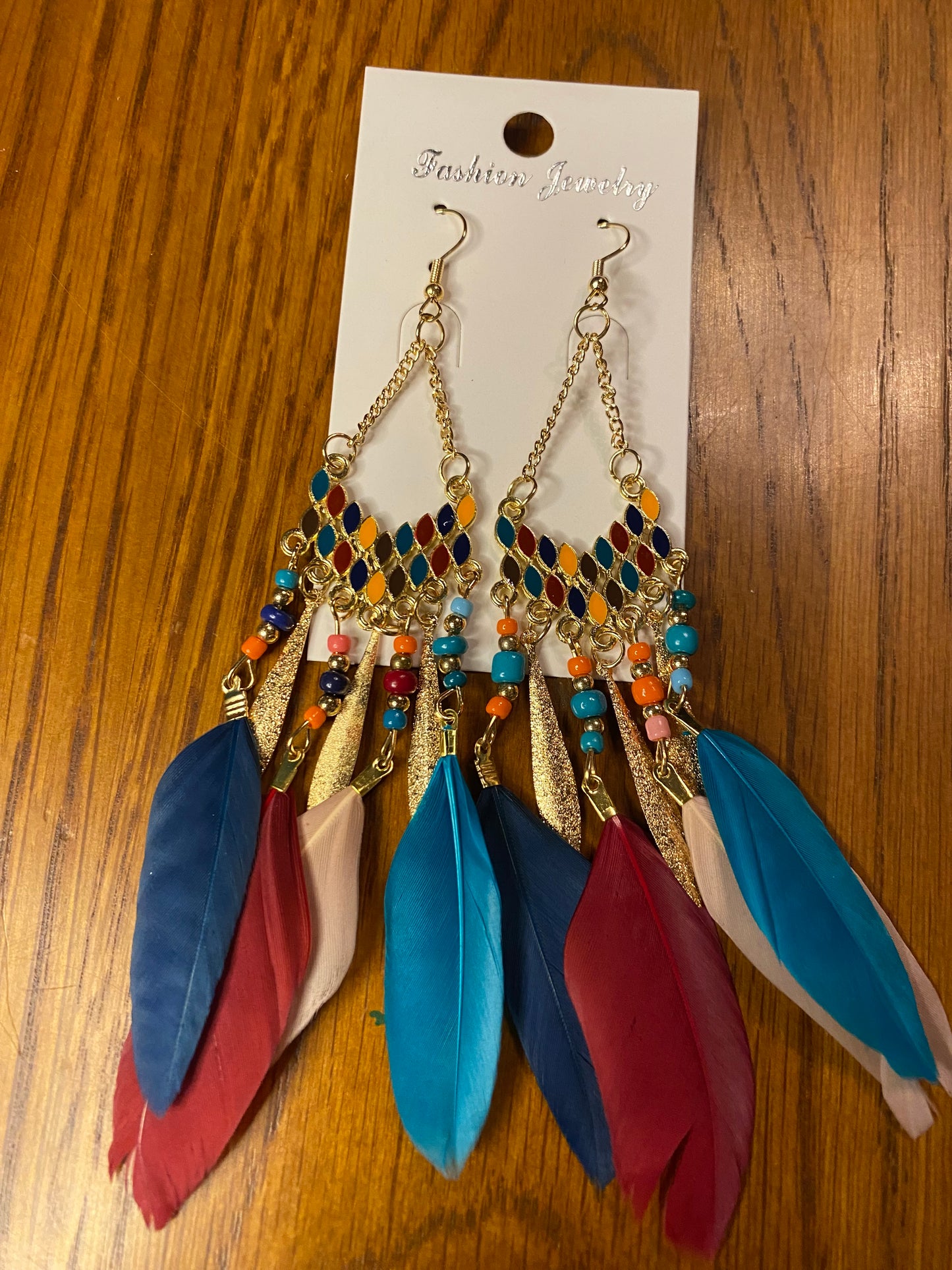 Boho Feather Earrings, Bright Colored Feather, Bead, and Gold Alloy Dangle Earrings- Several Colors