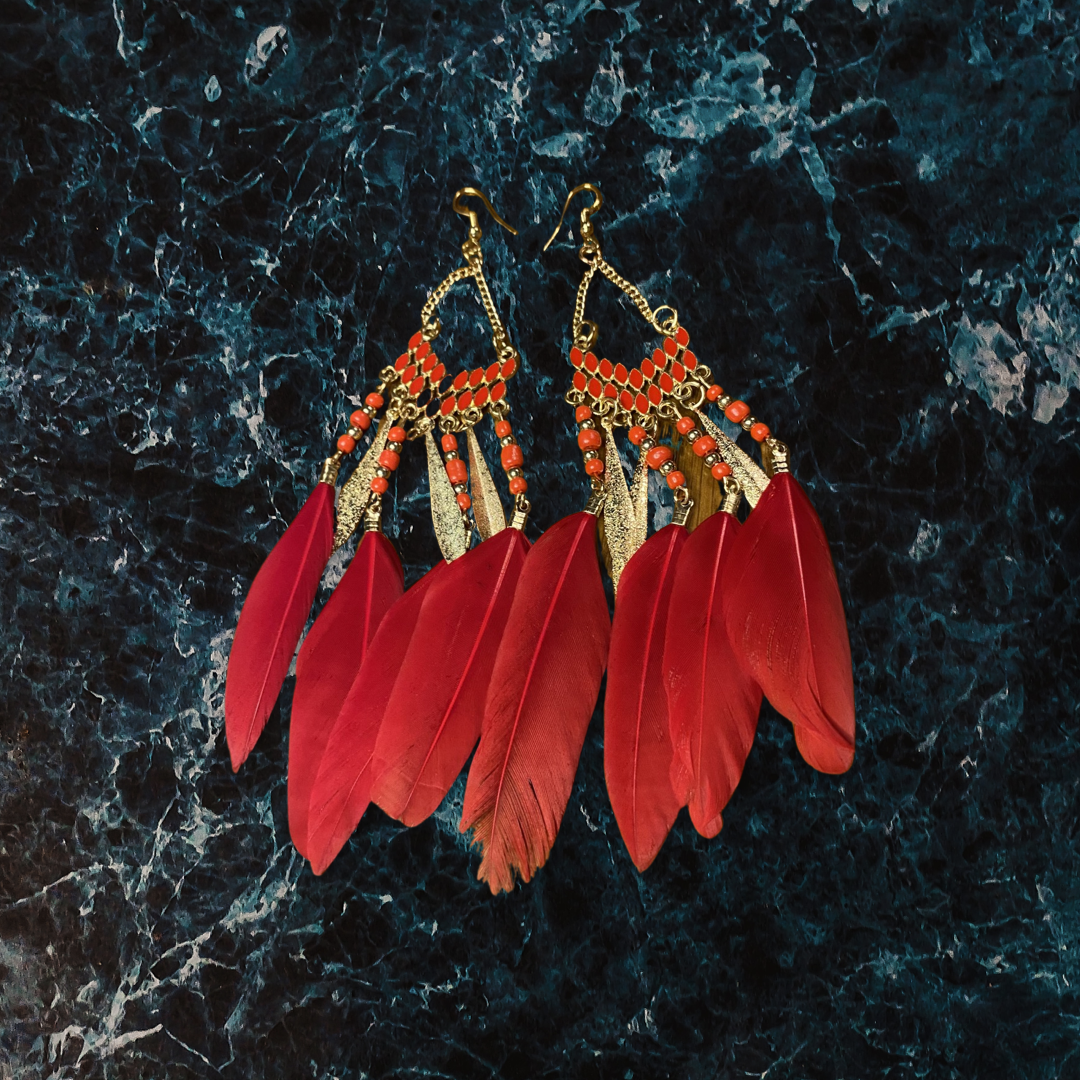 Boho Feather Earrings, Bright Colored Feather, Bead, and Gold Alloy Dangle Earrings- Several Colors