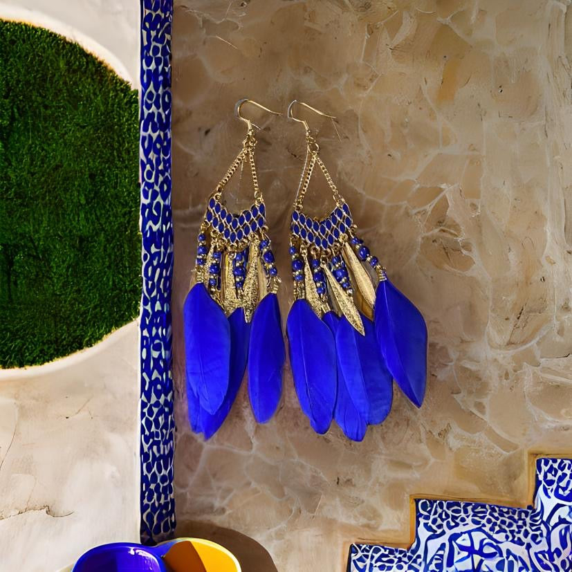 Boho Feather Earrings, Bright Colored Feather, Bead, and Gold Alloy Dangle Earrings- Several Colors