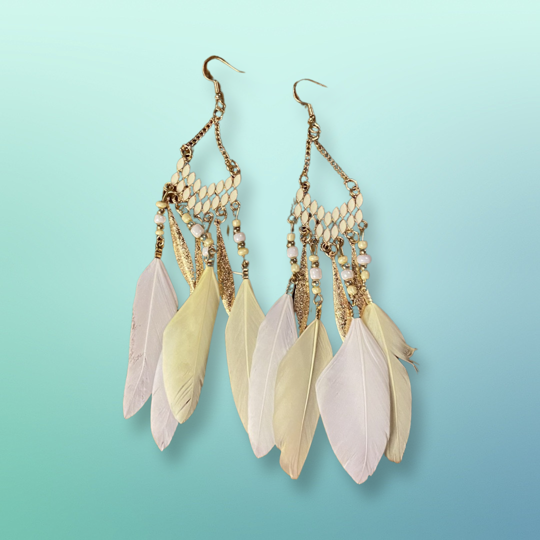 Boho Feather Earrings, Bright Colored Feather, Bead, and Gold Alloy Dangle Earrings- Several Colors