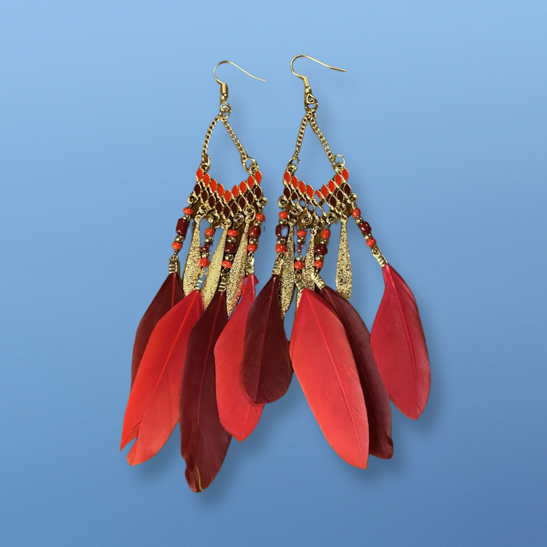 Boho Feather Earrings, Bright Colored Feather, Bead, and Gold Alloy Dangle Earrings- Several Colors