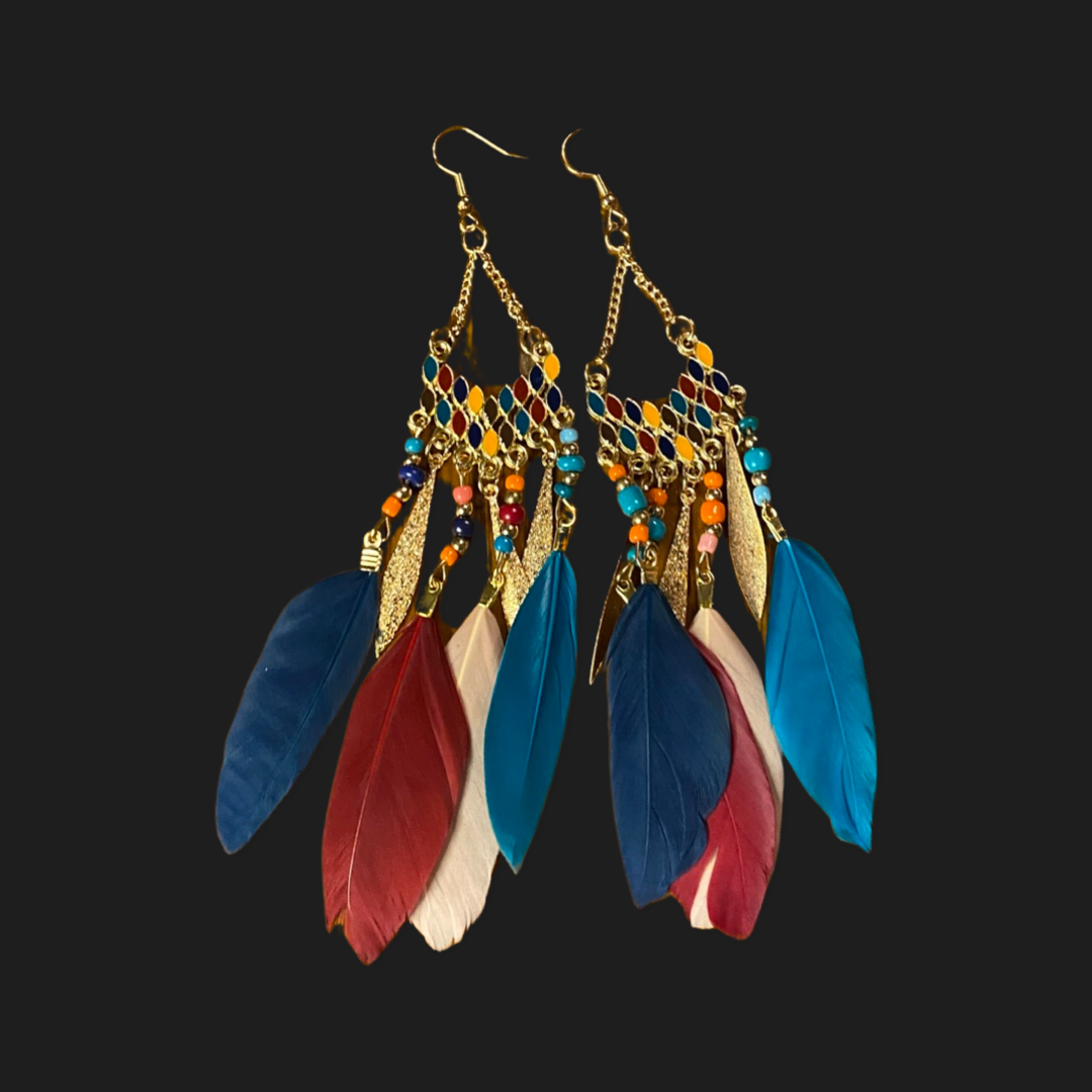 Boho Feather Earrings, Bright Colored Feather, Bead, and Gold Alloy Dangle Earrings- Several Colors