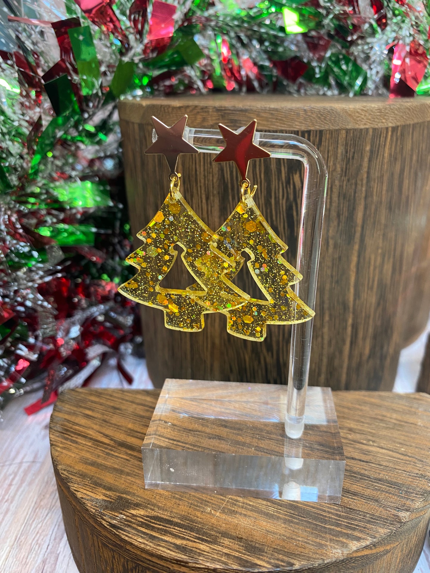 Sparkle Christmas Tree Star Stud Dangle Earrings | Festive Holiday Jewelry | Glitter Resin Earrings | Unique Christmas Gift. Lots of Colors.
