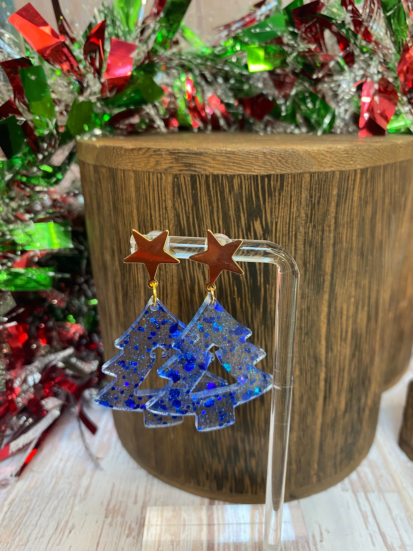 Sparkle Christmas Tree Star Stud Dangle Earrings | Festive Holiday Jewelry | Glitter Resin Earrings | Unique Christmas Gift. Lots of Colors.