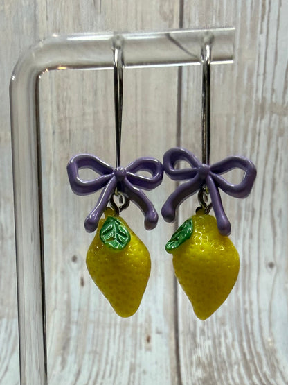 Lemon Bow Dangle Earrings, Hypoallergenic French Hooks, Cute Citrus Earrings, Summer Fruit Jewelry, Gift for Her