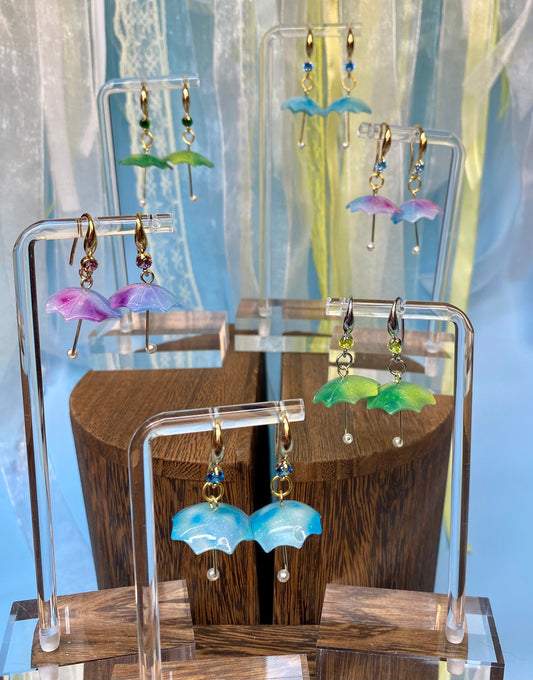 Gemstone Umbrella Dangle Earrings in Blue, Green, and Purple - Handcrafted Rainy Day Jewelry