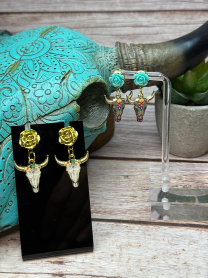 Boho Western Longhorn Skull Earrings with Resin Rose Studs - Floral Bull Head Dangle Earrings - Handmade Country Chic Statement Jewelry