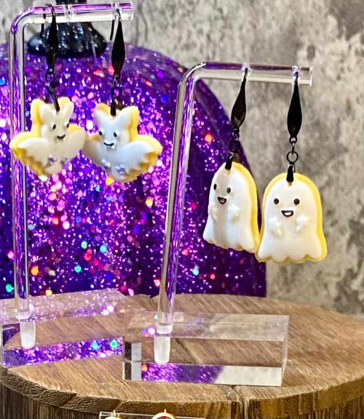 Handmade Halloween Sugar Cookie Earrings - Spooky Cute Spooky Jewelry - Ghosts, Pumpkins, and Bats Earrings - Halloween Accessories