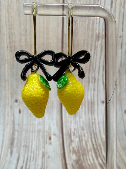 Lemon Bow Dangle Earrings, Hypoallergenic French Hooks, Cute Citrus Earrings, Summer Fruit Jewelry, Gift for Her