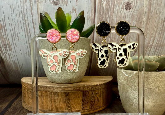 Druzy Cow Print Dangle Earrings | Western Jewelry | Pink or Black Sparkle Stud Earrings | Farm Animal Jewelry | Handmade Cowgirl Earrings
