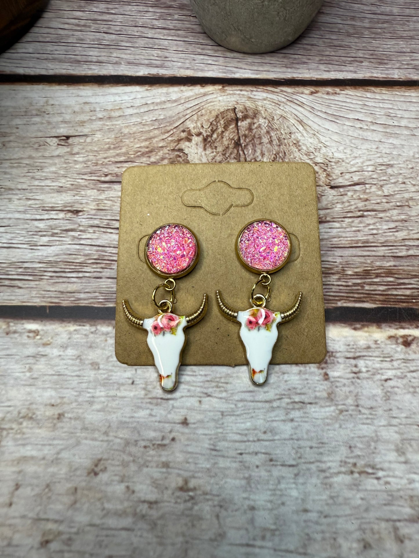 Boho Western Longhorn Skull Earrings with Druzy Studs - Floral Bull Head Dangle Earrings - Country Chic Jewelry - Cowgirl Statement Earrings
