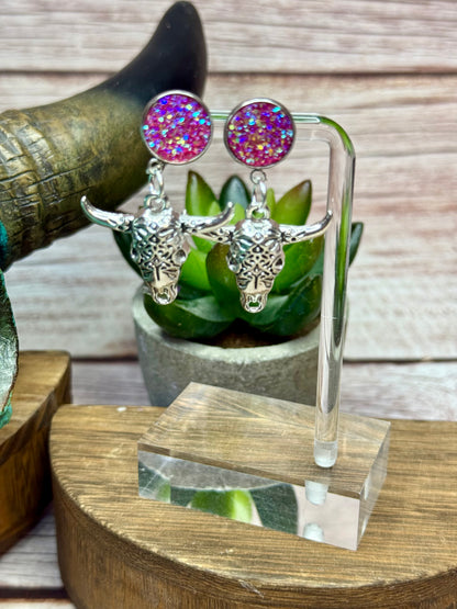Druzy Western Cow Skull Earrings - Boho Silver Longhorn Dangle Earrings - Southwestern Statement Jewelry - Handmade Festival Earrings