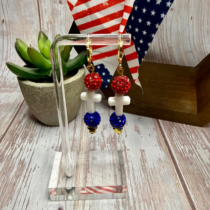 Patriotic Cross Earrings, Red White Blue Rhinestone Dangle Earrings, 4th of July Jewelry, Christian Gift, Memorial Day, Choose Your Hook Style