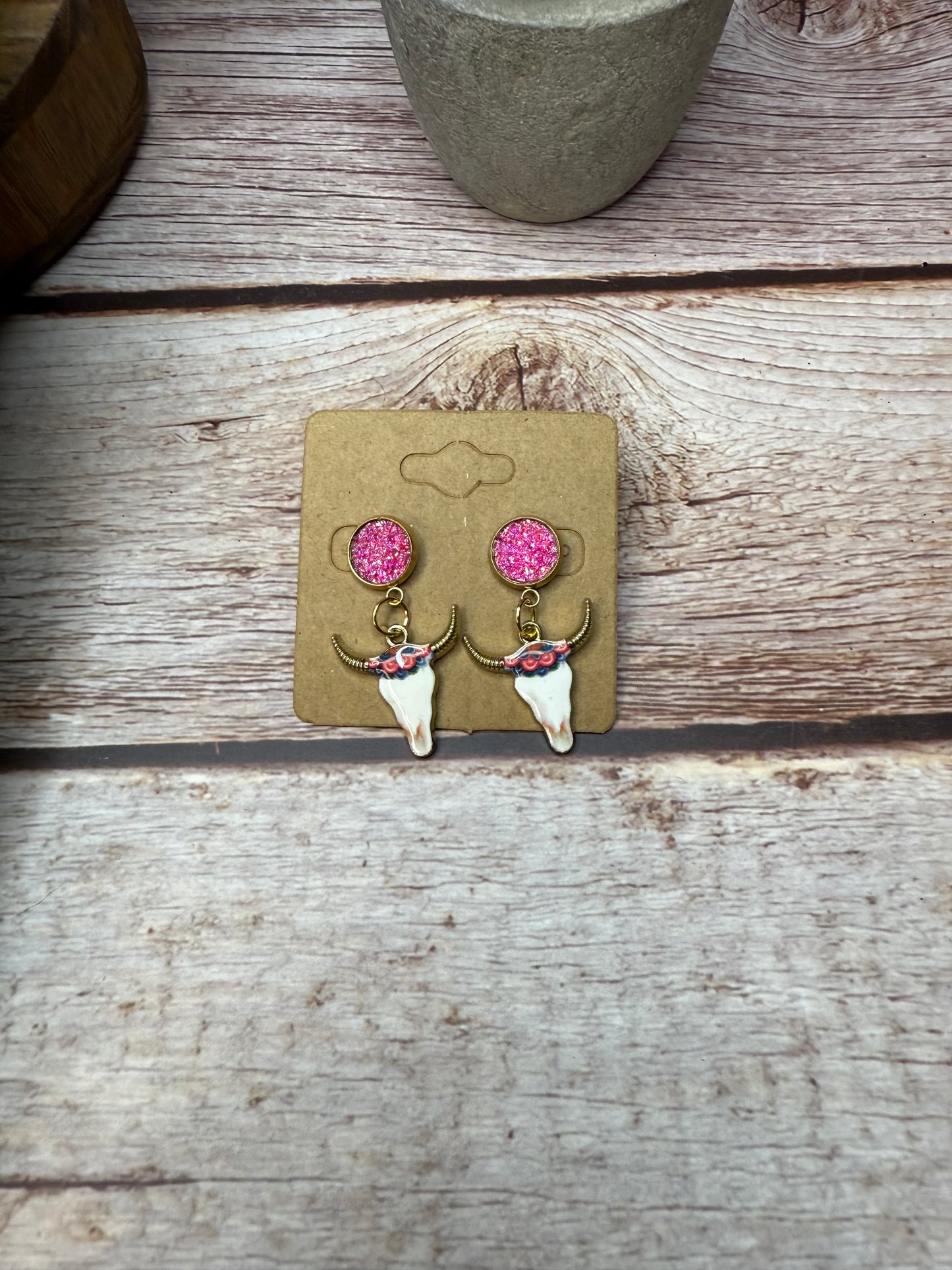Boho Western Longhorn Skull Earrings with Druzy Studs - Floral Bull Head Dangle Earrings - Country Chic Jewelry - Cowgirl Statement Earrings