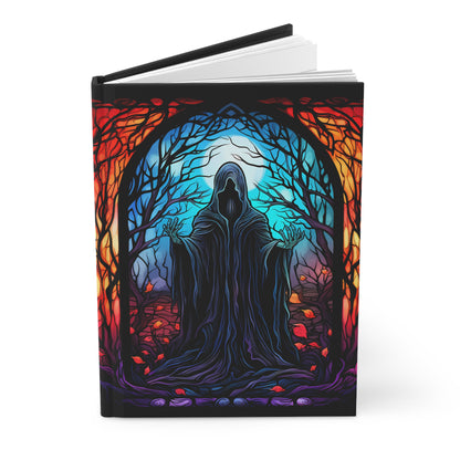 Ghost Hardcover Journal, Halloween themed Hardbound Notebook, Colorful Ghost with Stained Glass Background