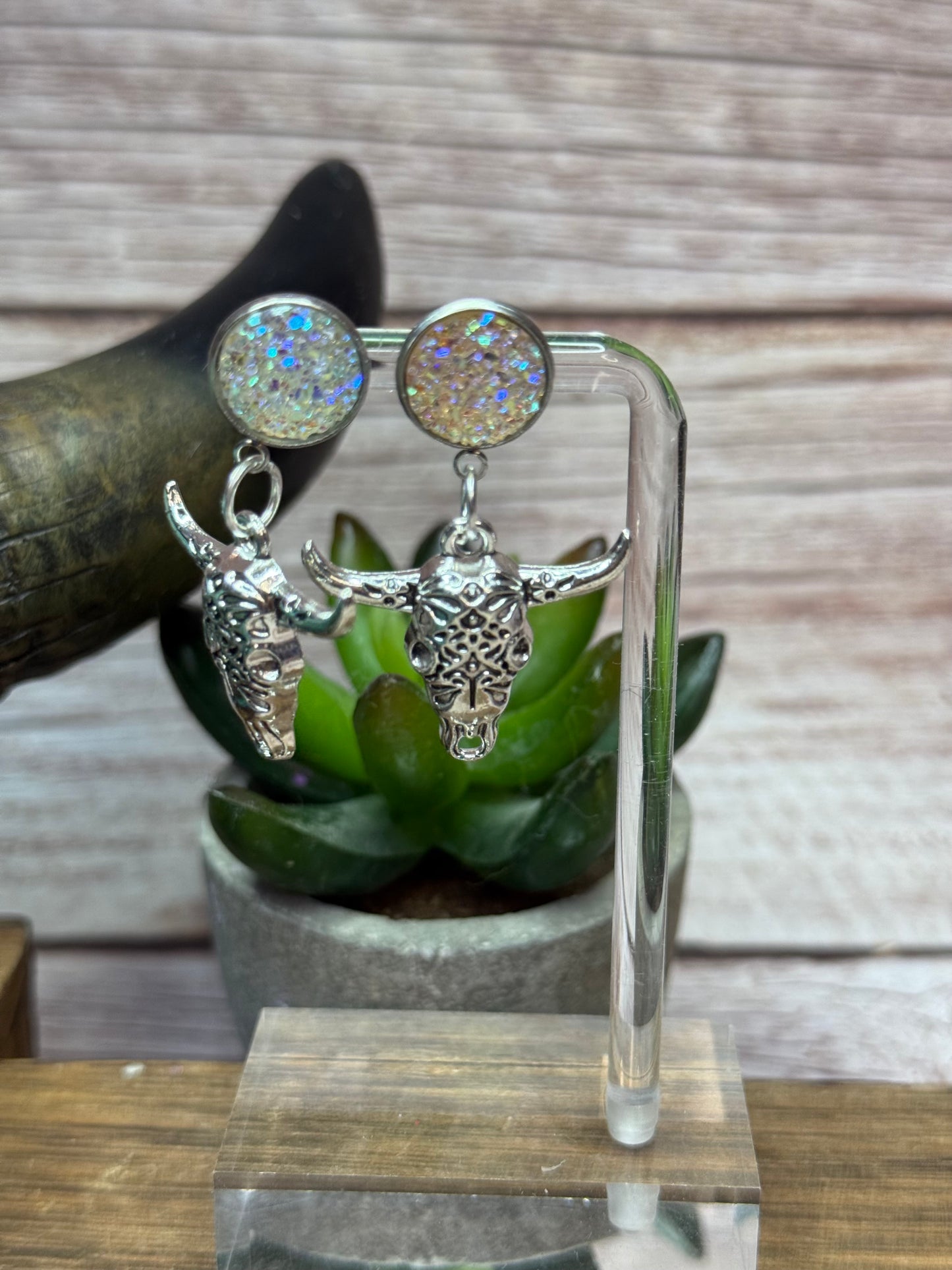 Druzy Western Cow Skull Earrings - Boho Silver Longhorn Dangle Earrings - Southwestern Statement Jewelry - Handmade Festival Earrings