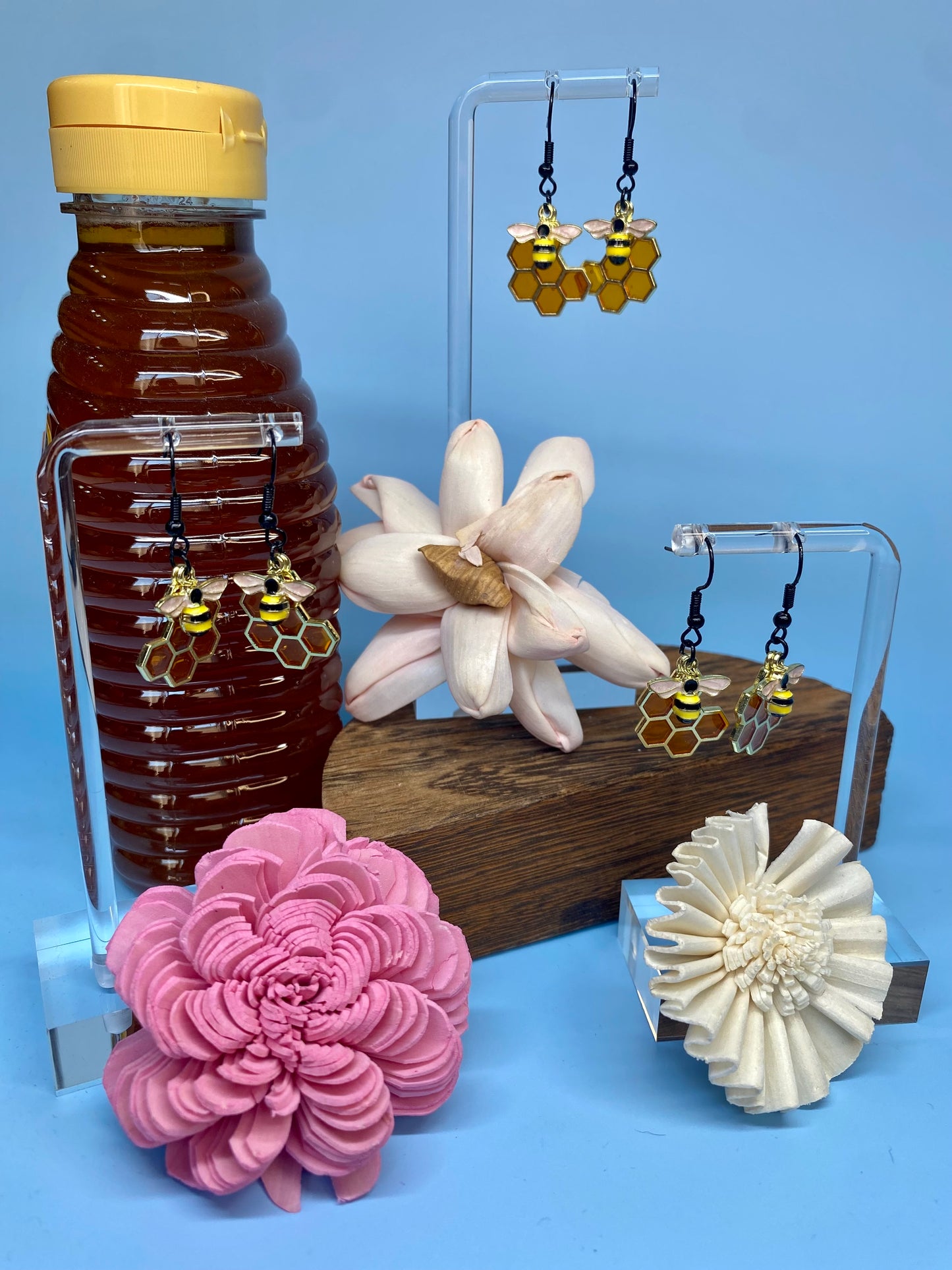 Bee Earrings, Handmade Honeycomb and Bee Fishhook Earrings, Nature-Inspired Jewelry, Unique Gift