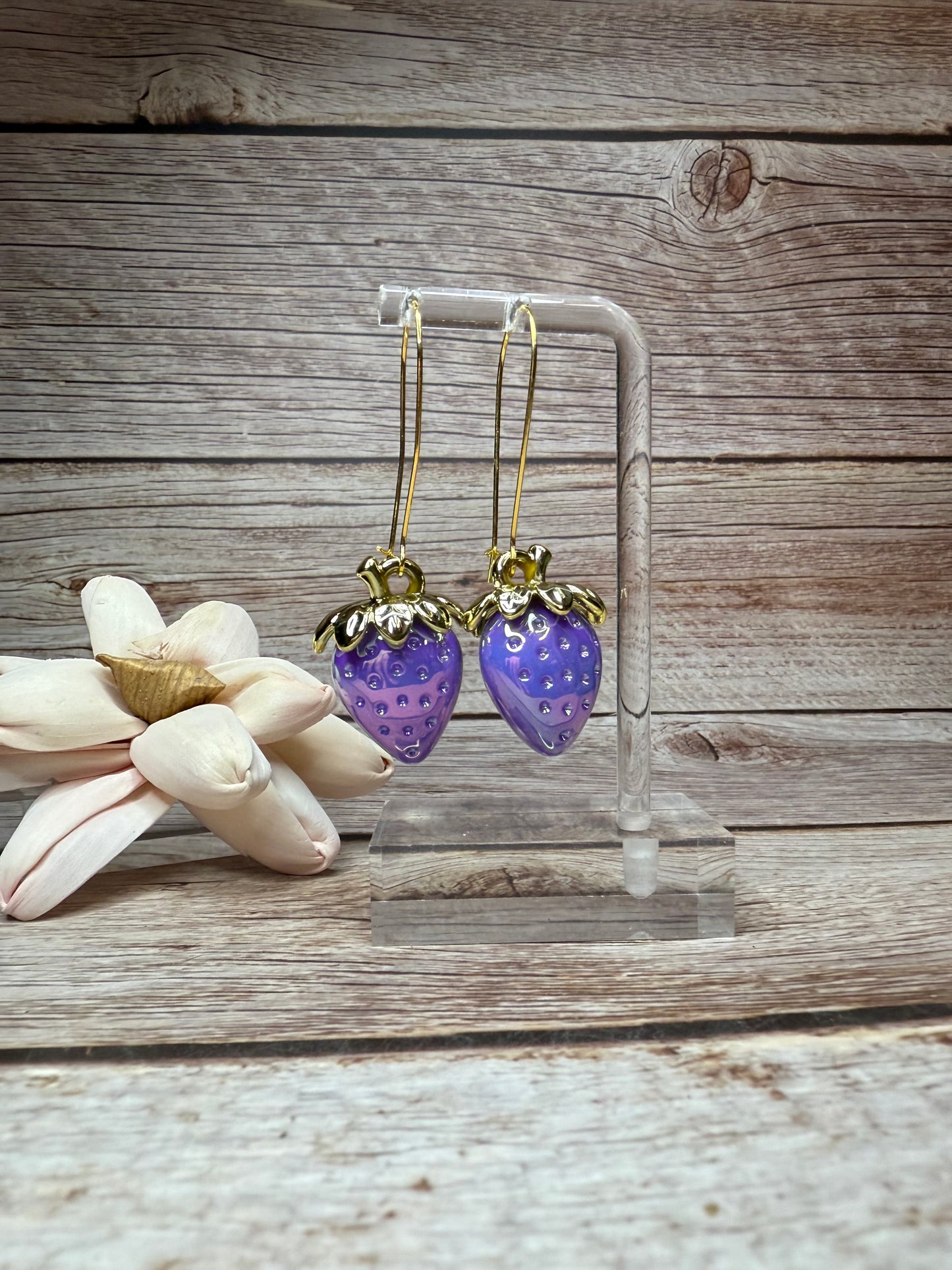 Iridescent Strawberry Earrings - Acrylic Fruit Earrings on French Hooks - Handmade Kawaii Jewelry, Summer Fruit Colorful Strawberry Earrings