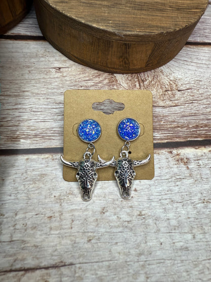 Druzy Western Cow Skull Earrings - Boho Silver Longhorn Dangle Earrings - Southwestern Statement Jewelry - Handmade Festival Earrings