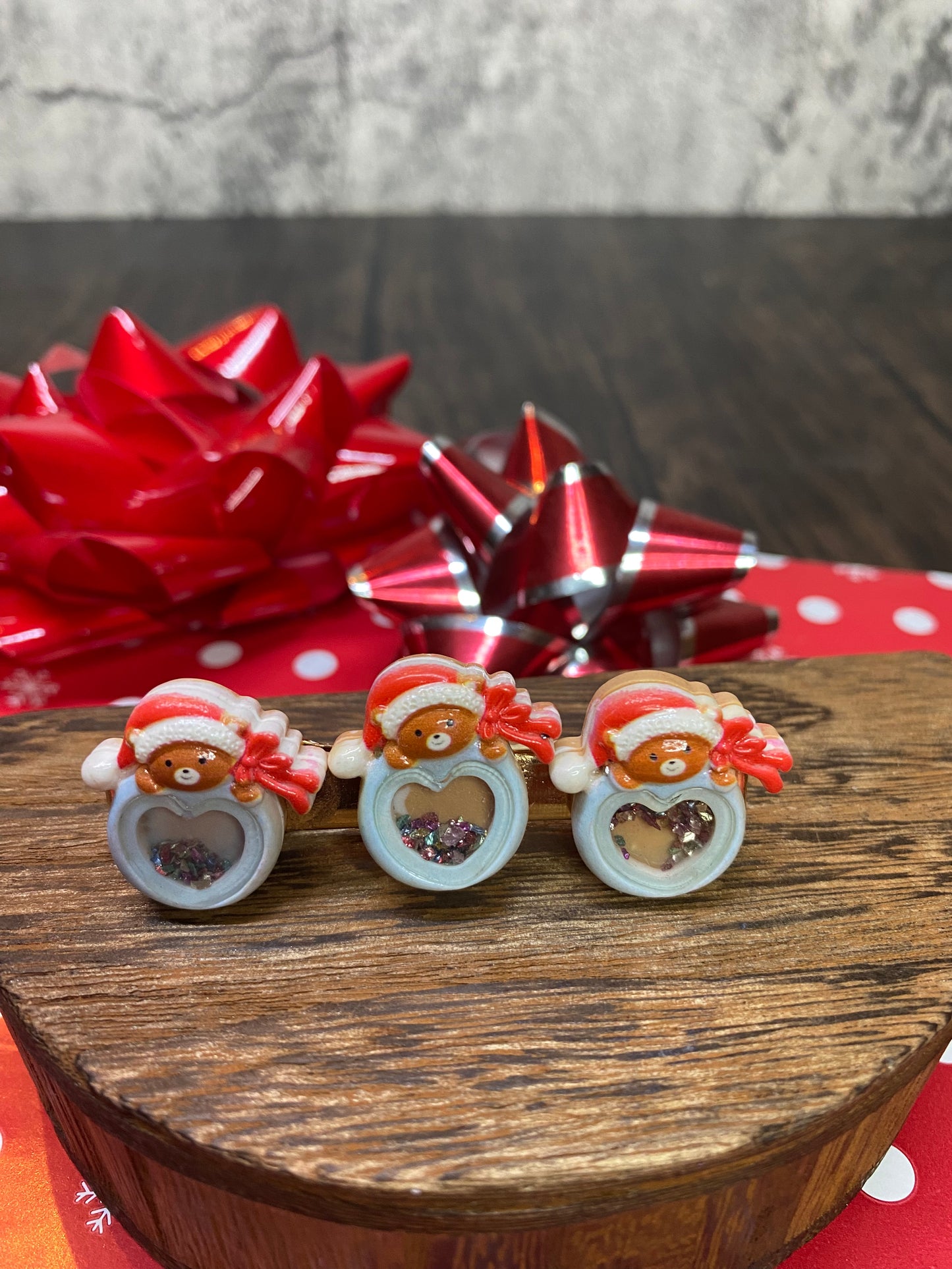 Christmas Shaker Hair Clip Accessories, Handcrafted Polymer Clay Holiday themed clips with red and green “shaker “ beads in center.  Cute Christmas Hair Clips