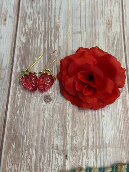 Iridescent Strawberry Earrings - Acrylic Fruit Earrings on French Hooks - Handmade Kawaii Jewelry, Summer Fruit Colorful Strawberry Earrings