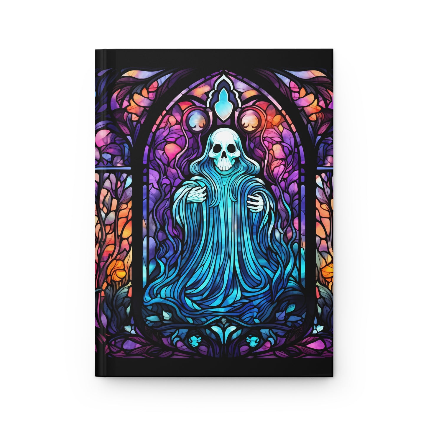 Ghost Hardcover Journal, Halloween themed Hardbound Notebook, Colorful Ghost with Stained Glass Background