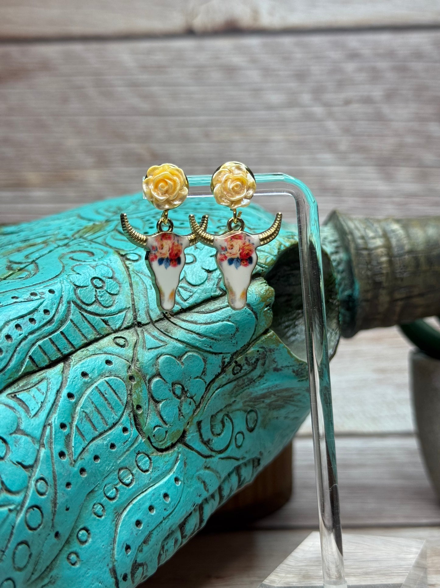 Boho Western Longhorn Skull Earrings with Resin Rose Studs - Floral Bull Head Dangle Earrings - Handmade Country Chic Statement Jewelry