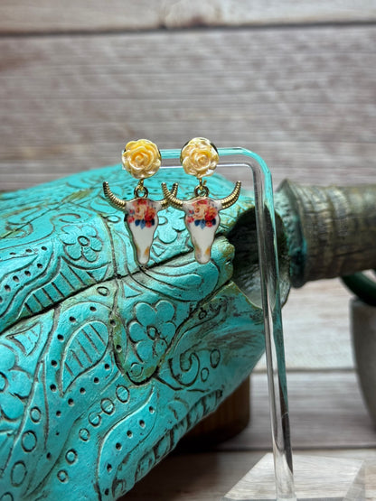 Boho Western Longhorn Skull Earrings with Resin Rose Studs - Floral Bull Head Dangle Earrings - Handmade Country Chic Statement Jewelry