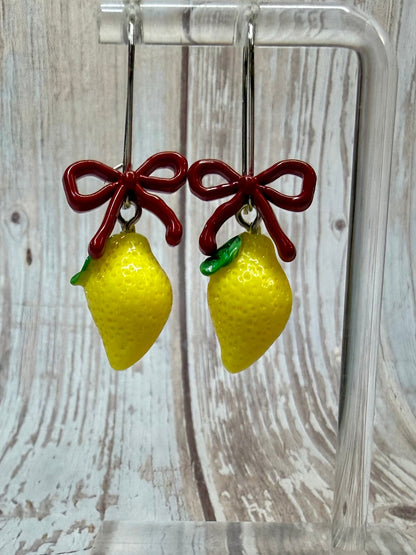 Lemon Bow Dangle Earrings, Hypoallergenic French Hooks, Cute Citrus Earrings, Summer Fruit Jewelry, Gift for Her