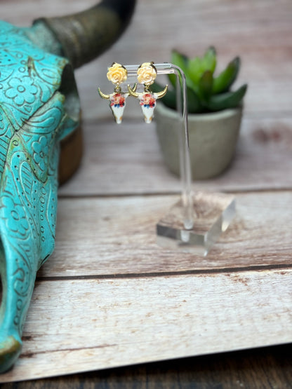 Boho Western Longhorn Skull Earrings with Resin Rose Studs - Floral Bull Head Dangle Earrings - Handmade Country Chic Statement Jewelry