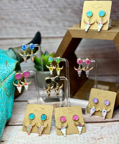 Boho Western Longhorn Skull Earrings with Druzy Studs - Floral Bull Head Dangle Earrings - Country Chic Jewelry - Cowgirl Statement Earrings