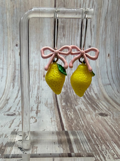 Lemon Bow Dangle Earrings, Hypoallergenic French Hooks, Cute Citrus Earrings, Summer Fruit Jewelry, Gift for Her