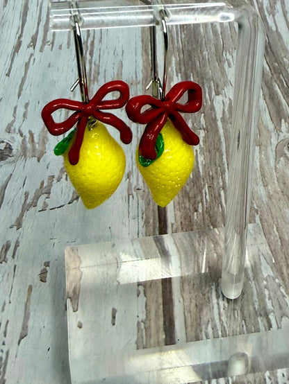 Lemon Bow Dangle Earrings, Hypoallergenic French Hooks, Cute Citrus Earrings, Summer Fruit Jewelry, Gift for Her