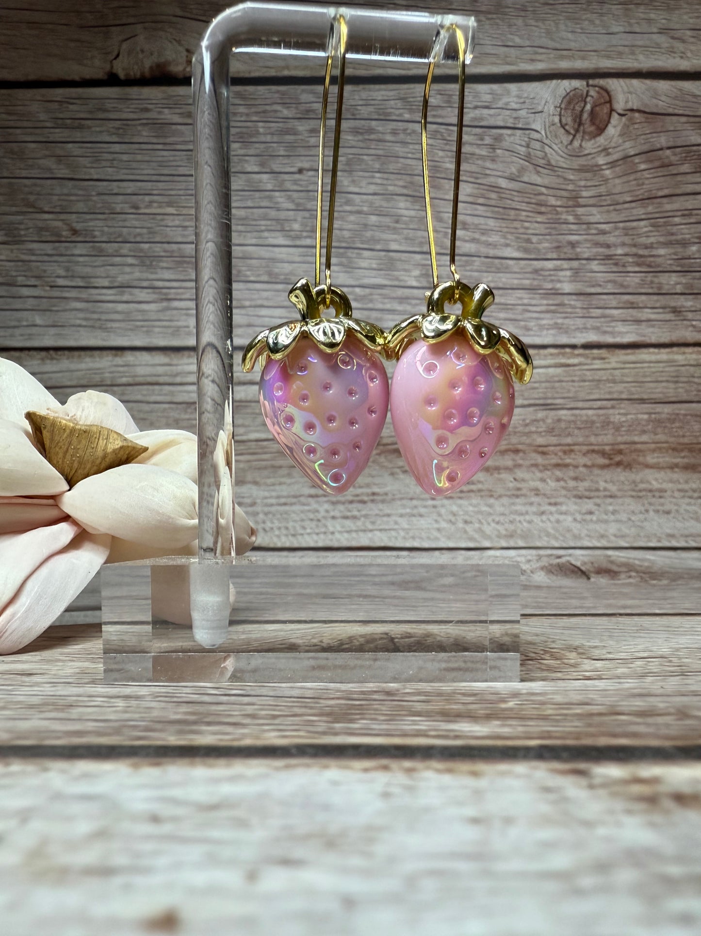 Iridescent Strawberry Earrings - Acrylic Fruit Earrings on French Hooks - Handmade Kawaii Jewelry, Summer Fruit Colorful Strawberry Earrings