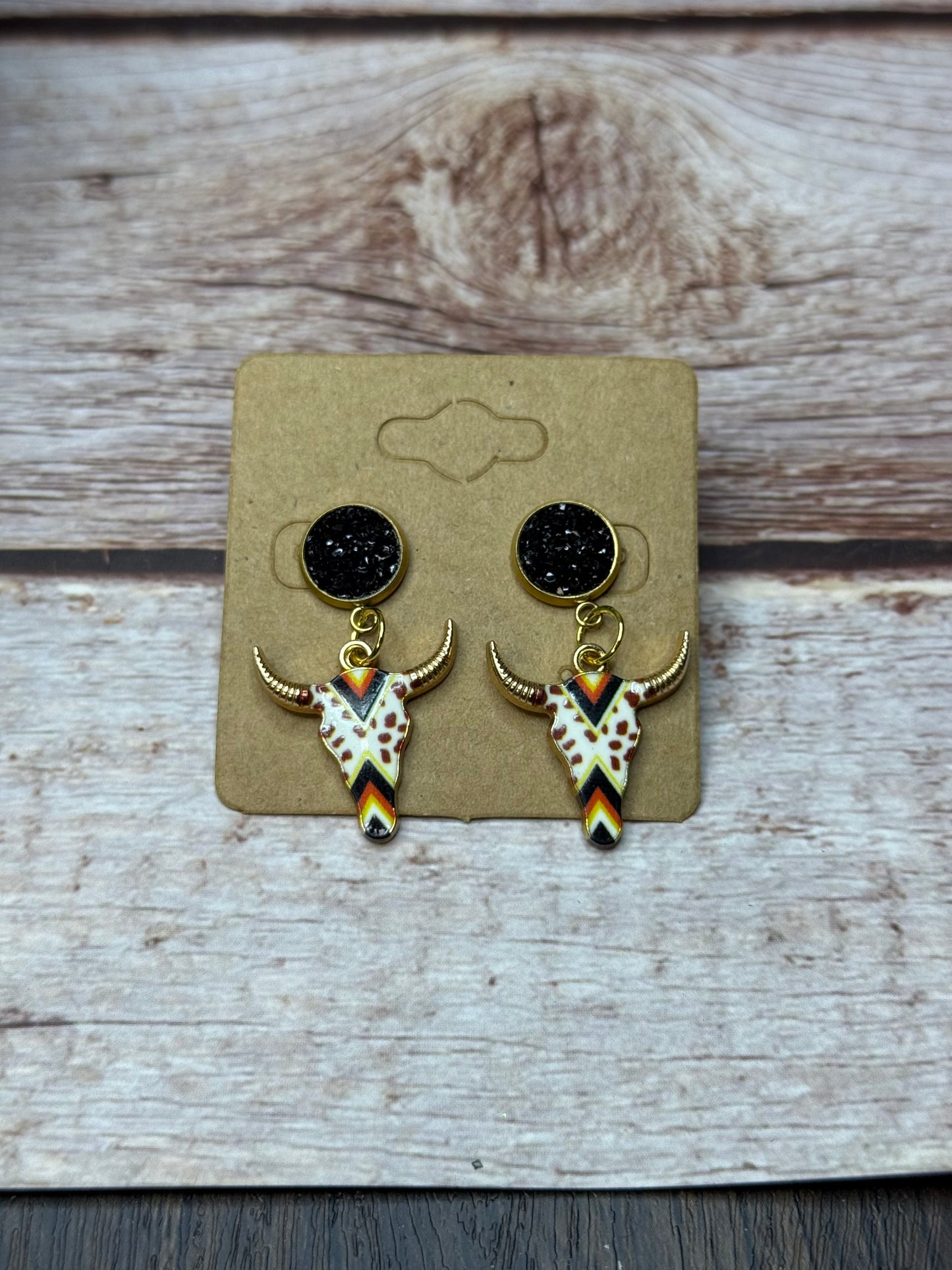 Boho Western Longhorn Skull Earrings with Druzy Studs - Floral Bull Head Dangle Earrings - Country Chic Jewelry - Cowgirl Statement Earrings