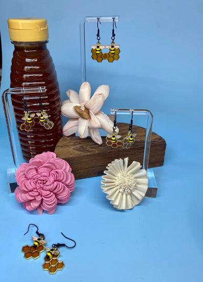 Bee Earrings, Handmade Honeycomb and Bee Fishhook Earrings, Nature-Inspired Jewelry, Unique Gift